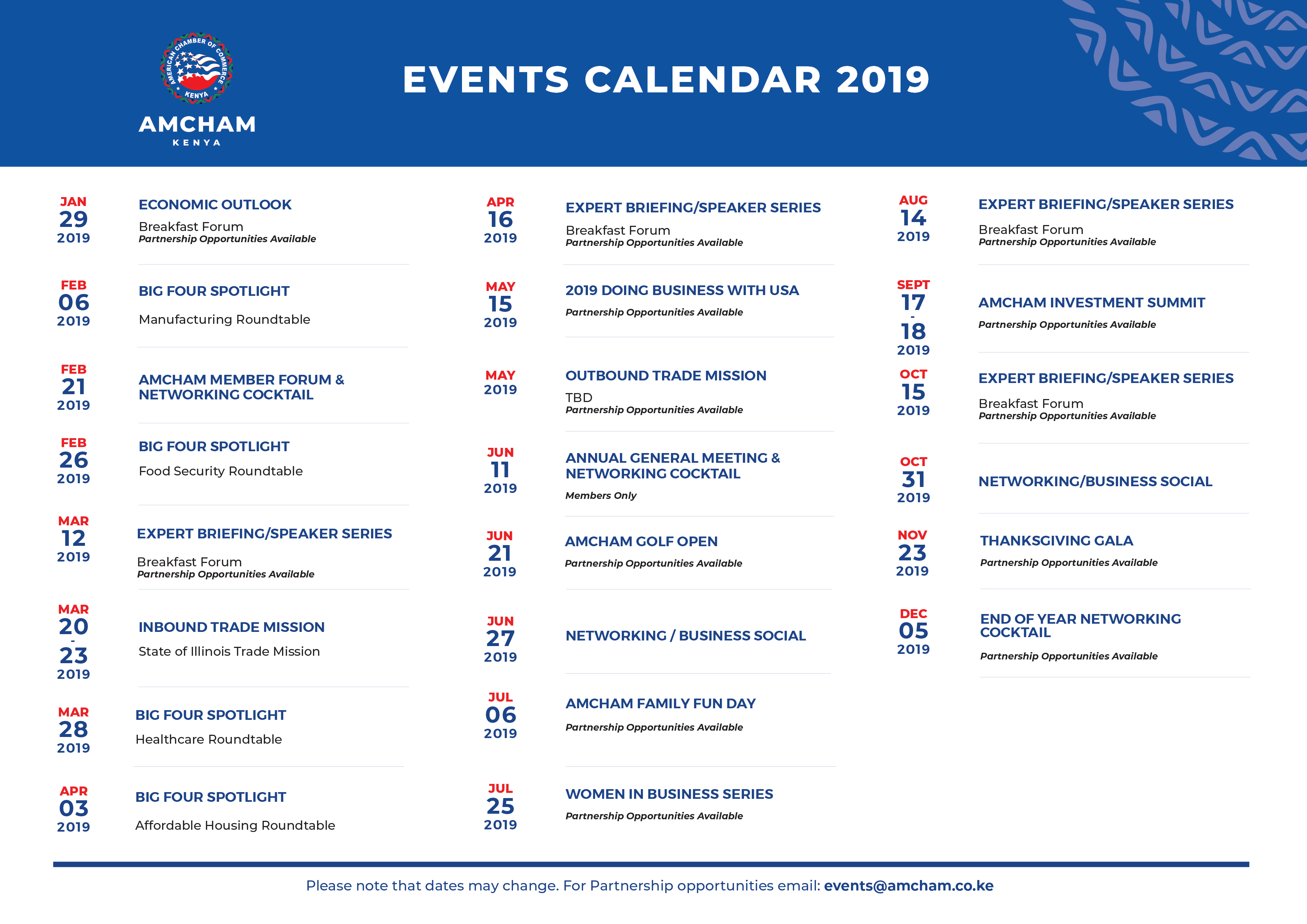 Events Calendar 2019
